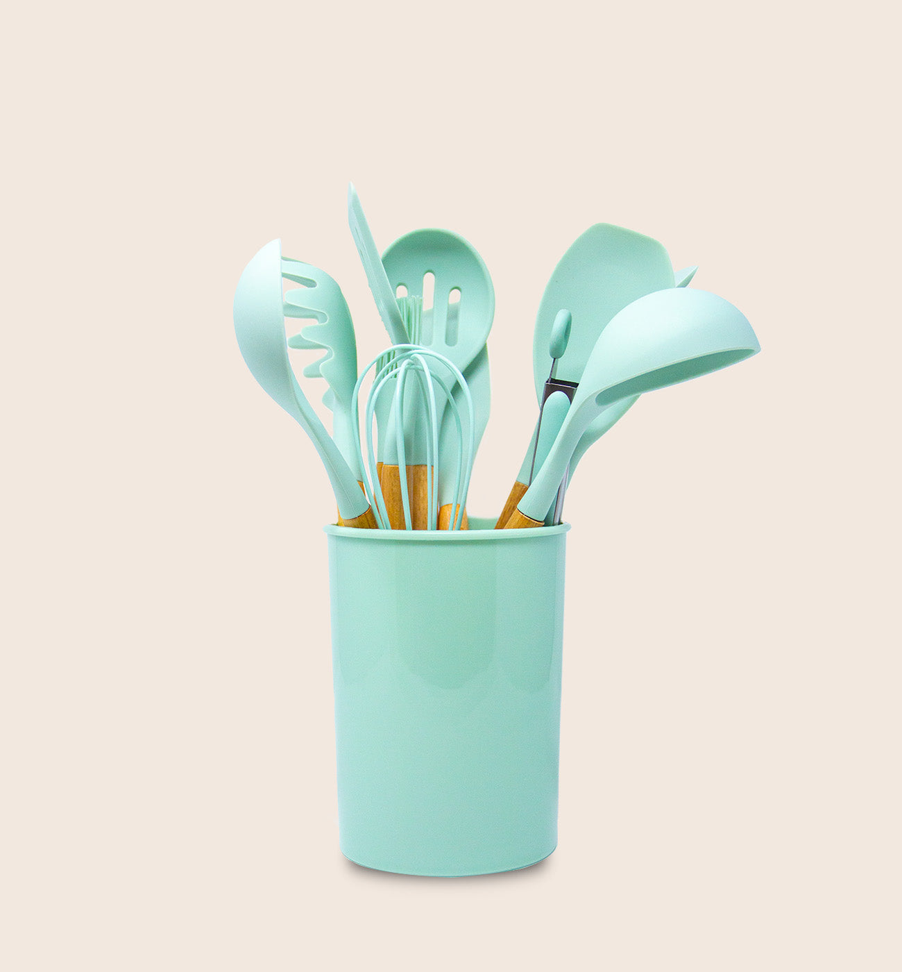 9 Piece Mint Green Colored Silicone Kitchen Utensils Set with Wooden Handles