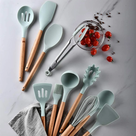 9 Piece Mint Colored Silicone Kitchen Utensils Set with Wooden Handles