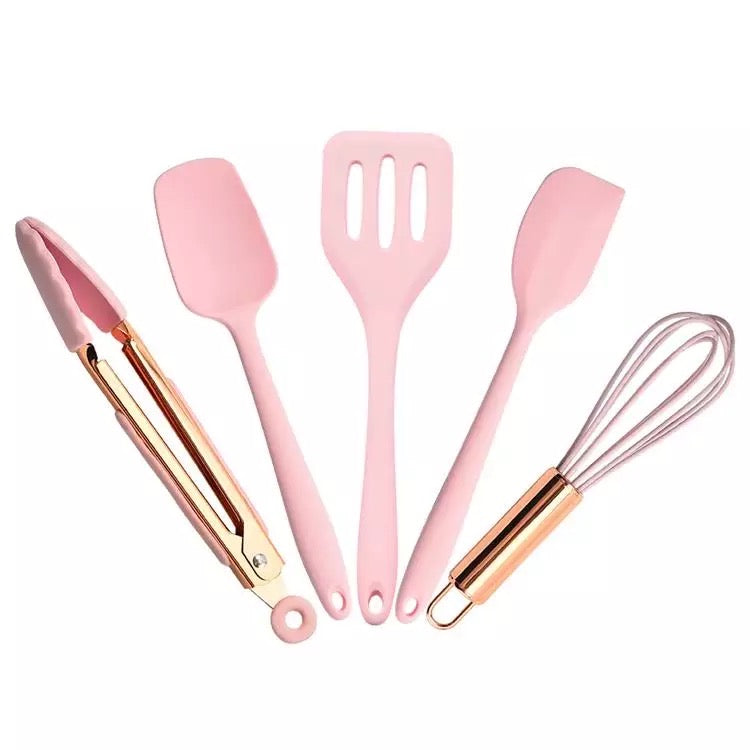 Pink Kitchen Utensil Small Five-Piece Set Mini Silicone Kids Kitchen Tools  Whisk Spatula Tongs Spoon And Slotted Spatula(Kids Baking Supplies) 
