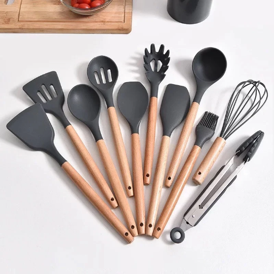 Bamboo Non-Stick Silicone Kitchen Utensil Cooking Tools 7 Piece Set with Holder