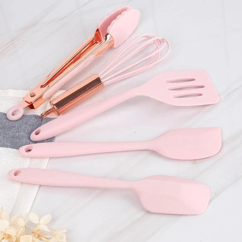 Amour Set Of Five Pink And Rose Gold Silicone Mini Kitchen Utensil