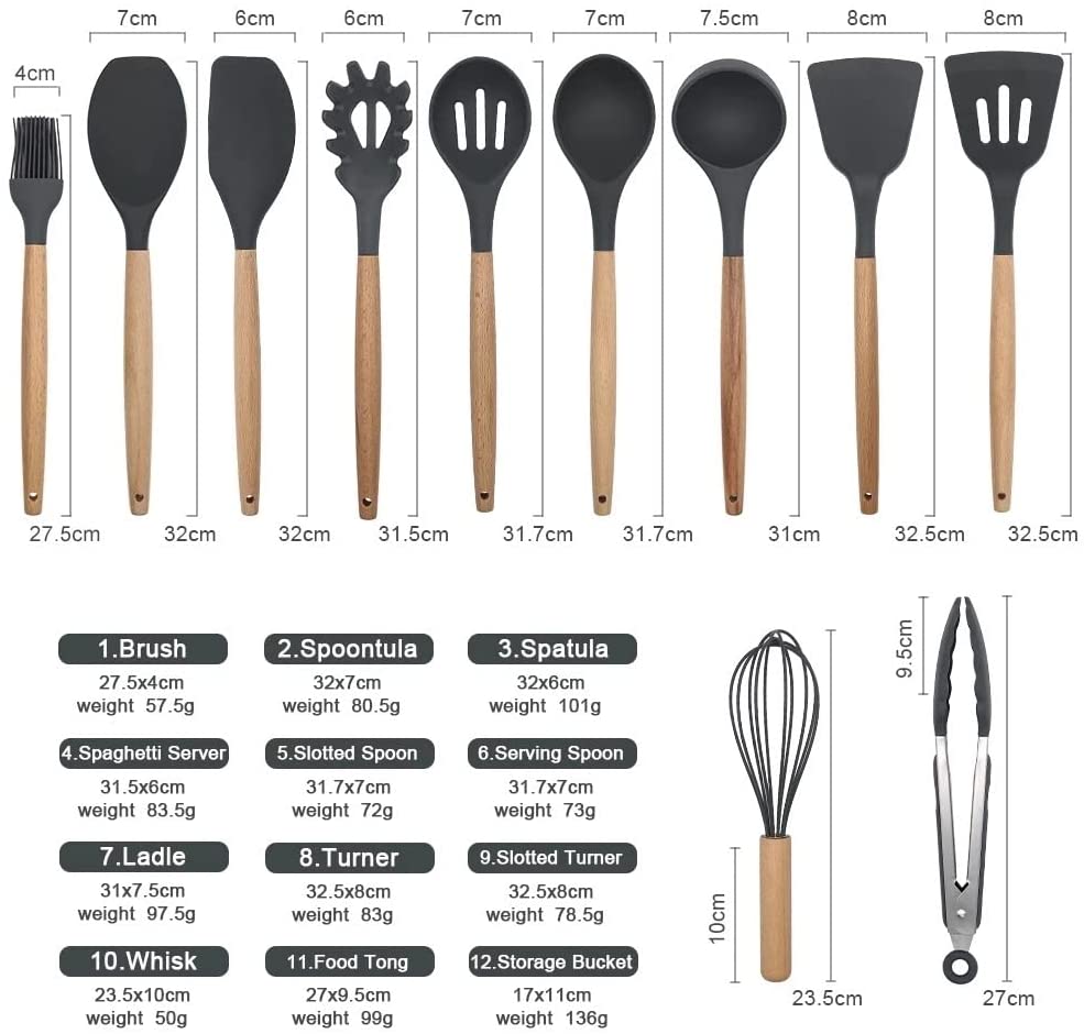 12-Piece Food Safe Silicone Kitchen Utensils with Wooden Handles - Gre